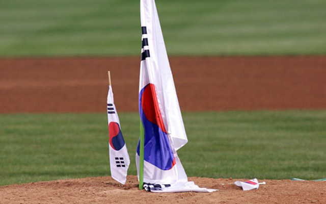 マウンドに差された韓国国旗